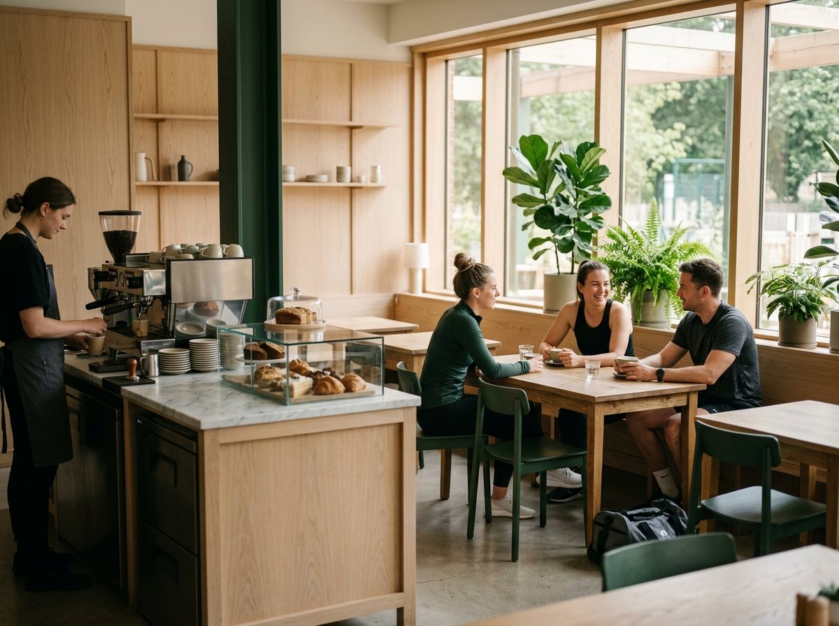 The club cafe with people relaxing over coffee