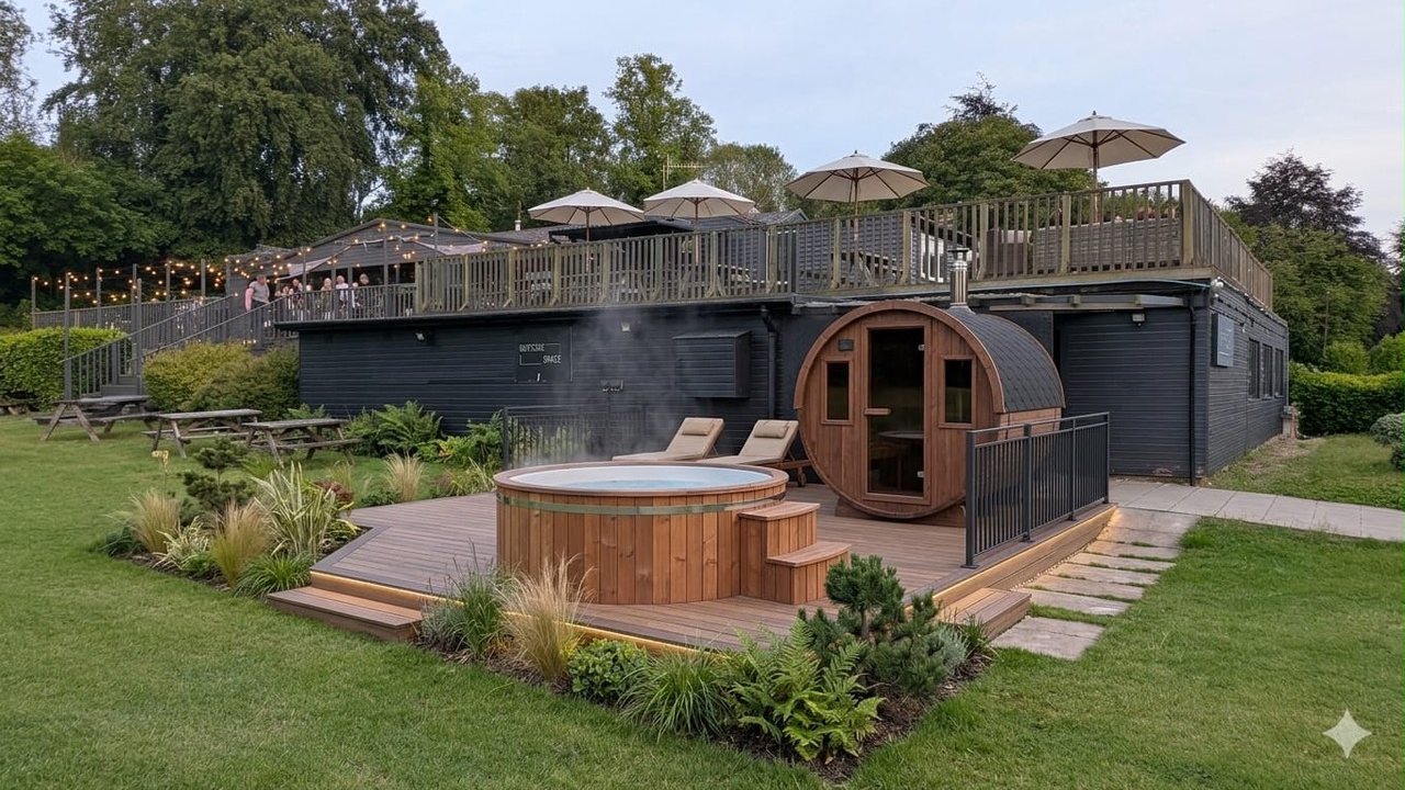 The sauna, hot tub and terrace at Magnolia Park in the Hughenden Valley at dusk