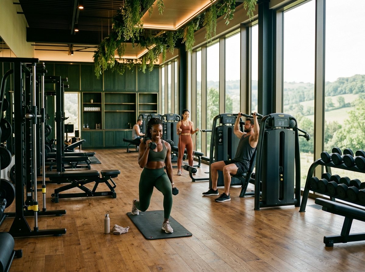 The indoor gym floor with valley views through floor to ceiling windows
