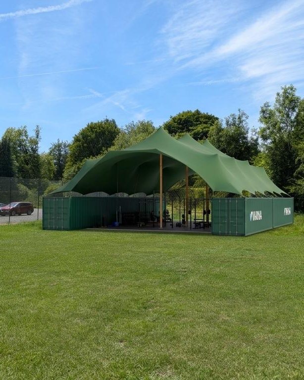 The covered outdoor gym under a green canopy on the grounds