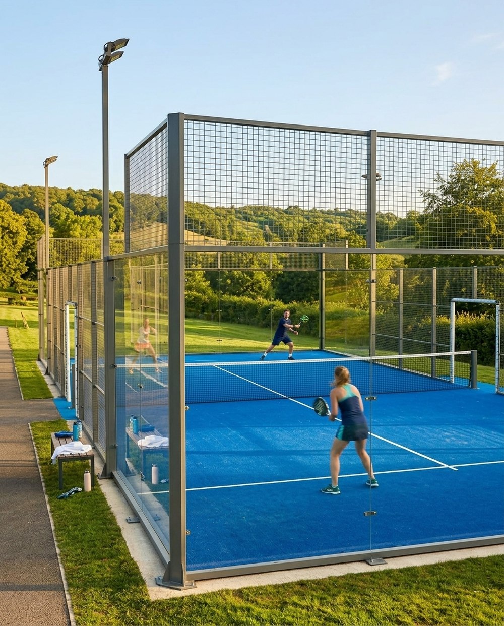 A floodlit padel court with glass walls, looking out over the hills
