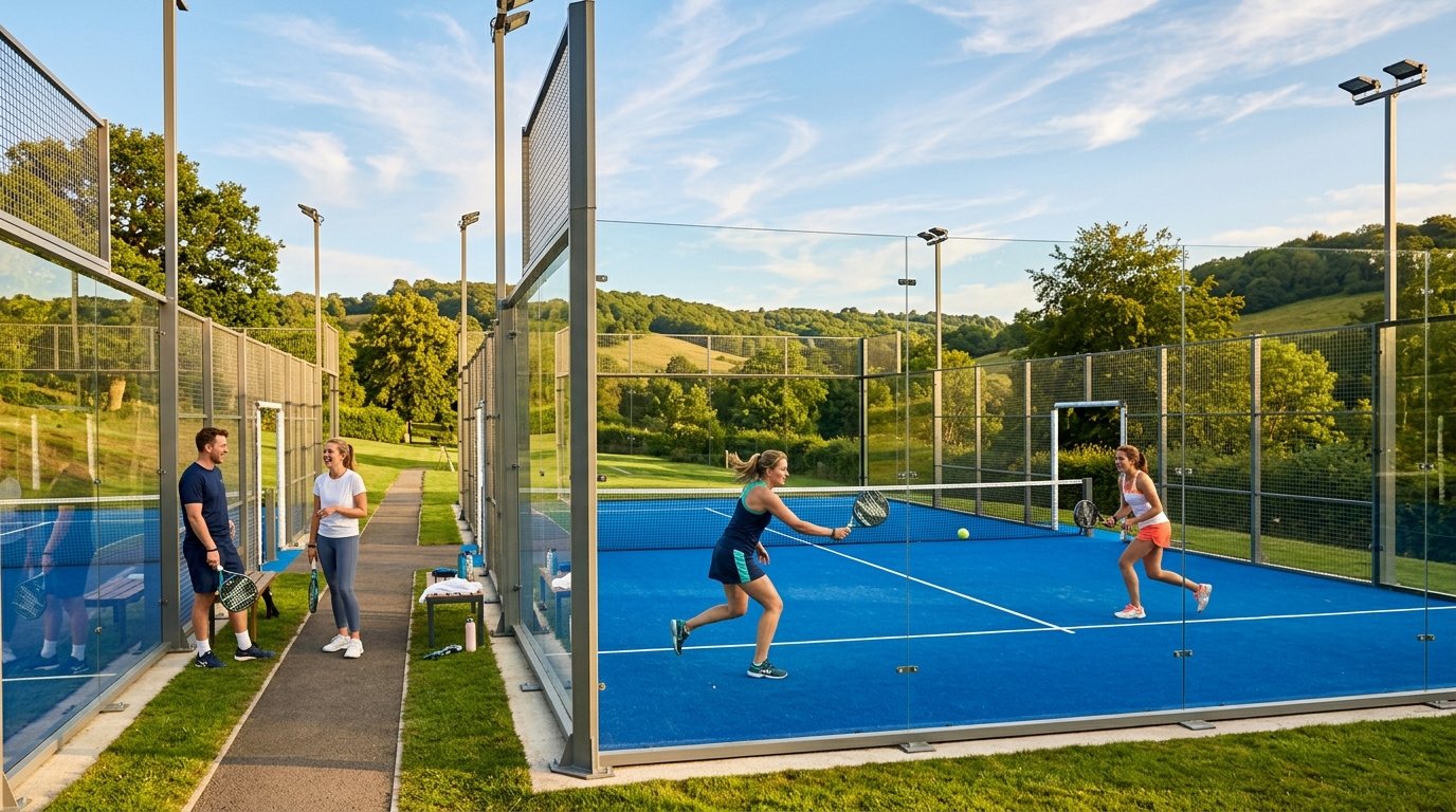 Friends playing padel on glass courts in the valley in the morning