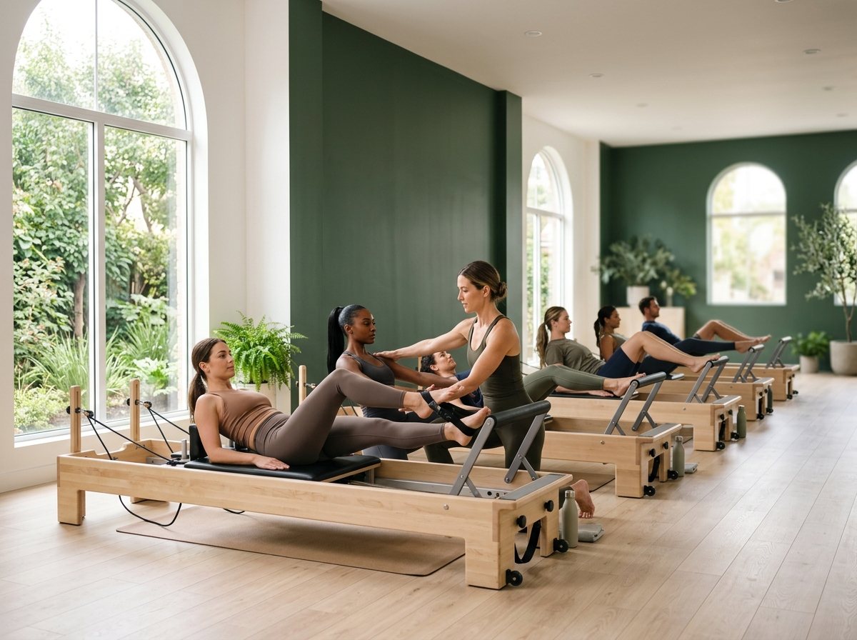 The reformer Pilates studio with arched windows onto the greenery