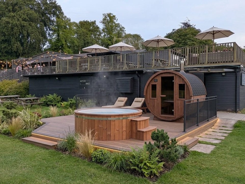 The barrel sauna and wood fired hot tub on the terrace at dusk